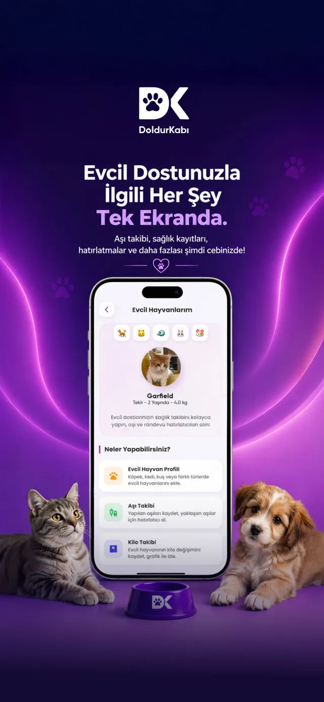 DoldurKabı uygulamasında Evcil Hayvanlarım ekranı: kedi profili, aşı takibi ve kilo takibi