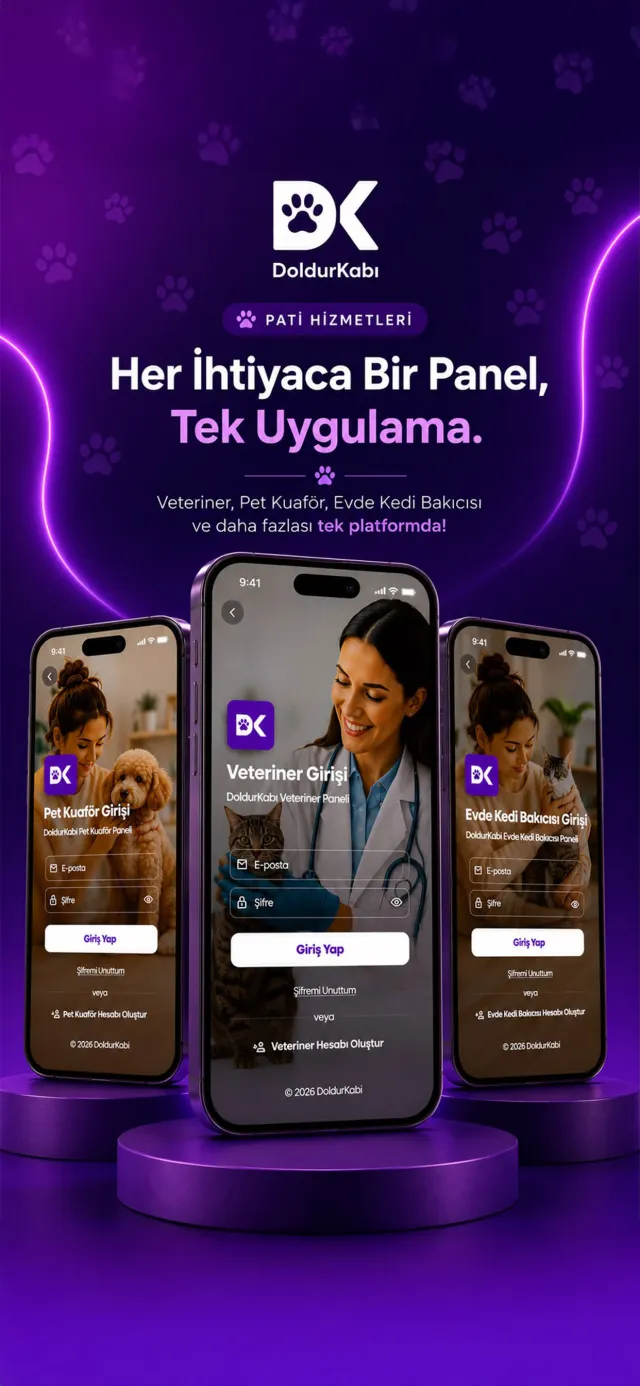 Veteriner, pet kuaför ve evde kedi bakıcısı giriş ekranları