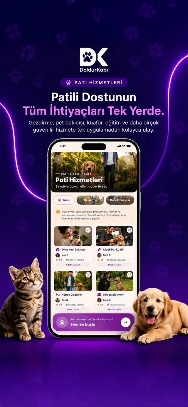 Pati Hizmetleri ekranı: evde kedi bakıcısı, mobil pet kuaför, köpek gezdirici ve eğitmen profilleri