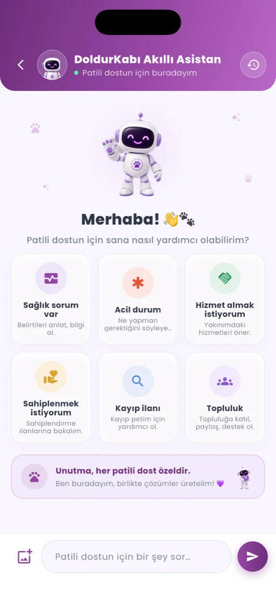 Asistanın karşılama ekranı: maskot, «Merhaba!» ve altı hızlı başlangıç kartı