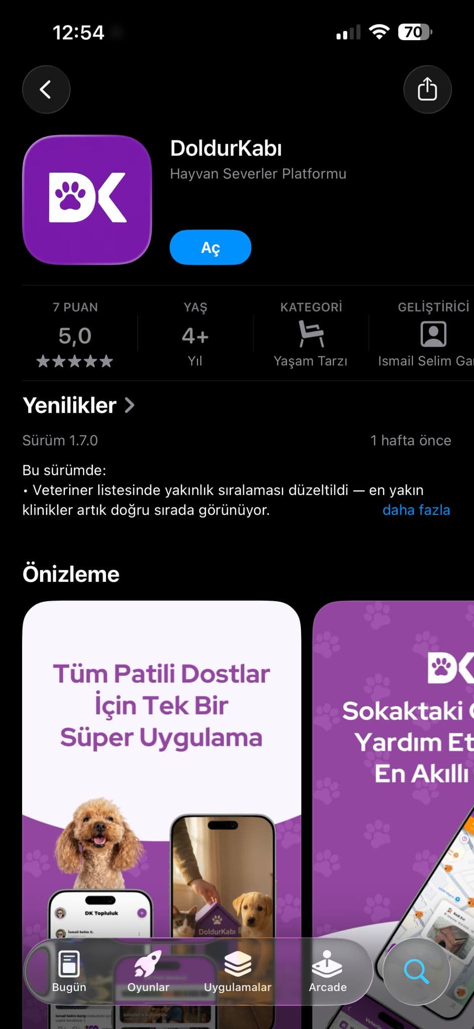 DoldurKabı App Store sayfası — 5.0★ puan, Hayvan Severler Platformu